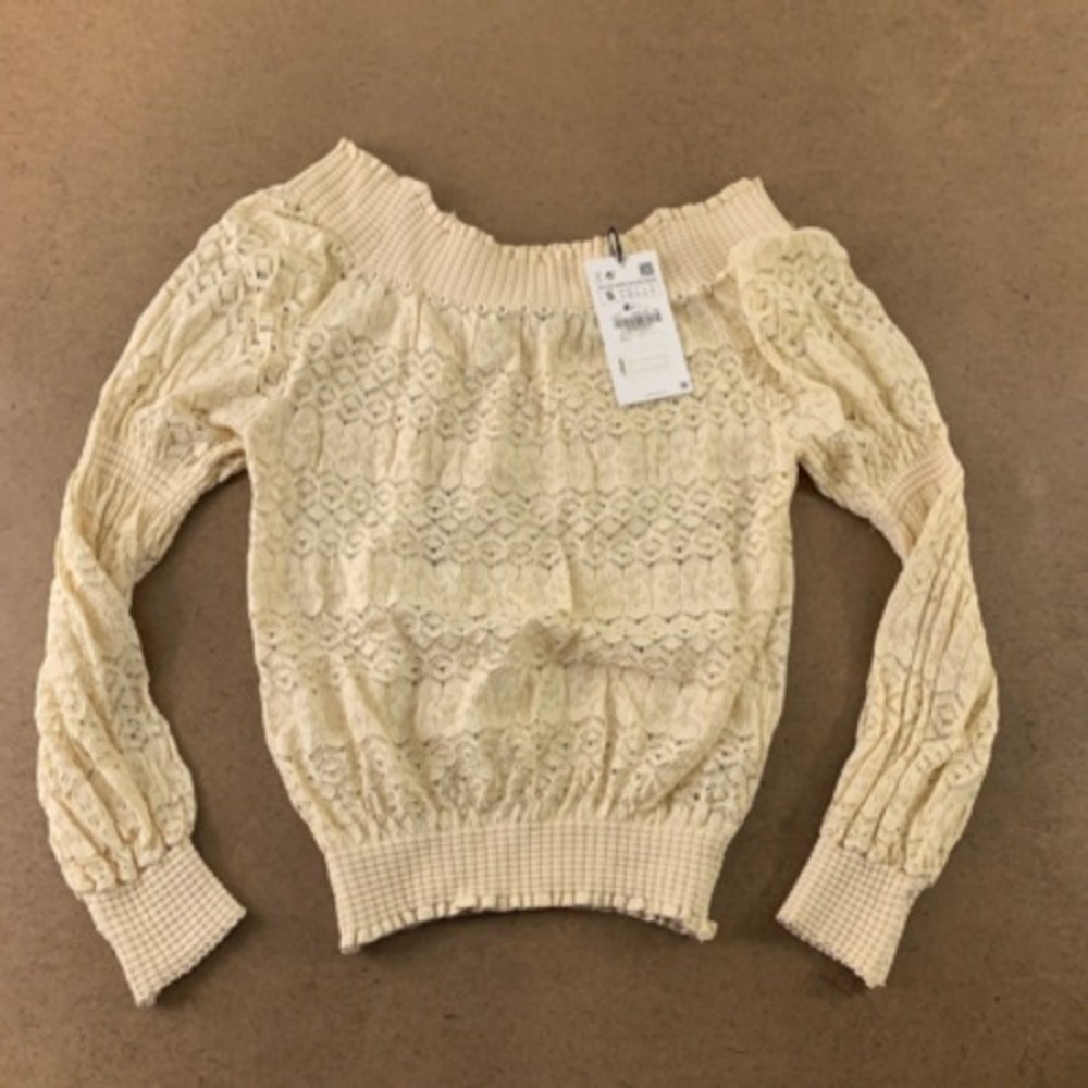 Zara Womens Blouse Beige Geometric Long Sleeve Off Shoulder Ruffle Lace S New